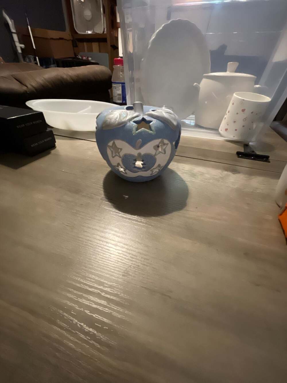 Ceramic Blue and Silver Star Cutout Apple Candle Holder Tea Light Lantern